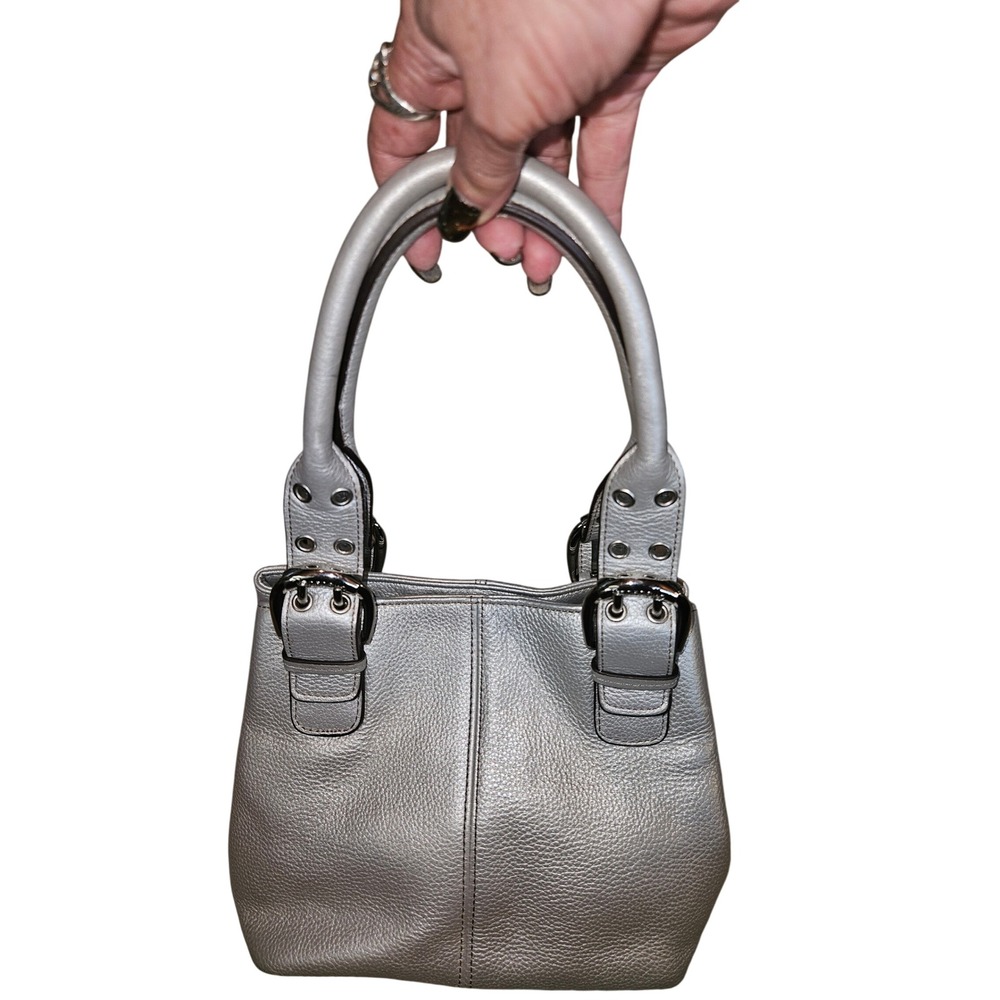 Tignanello Metallic Silver Pebbled Leather Buckle Shoulder Bag Tote